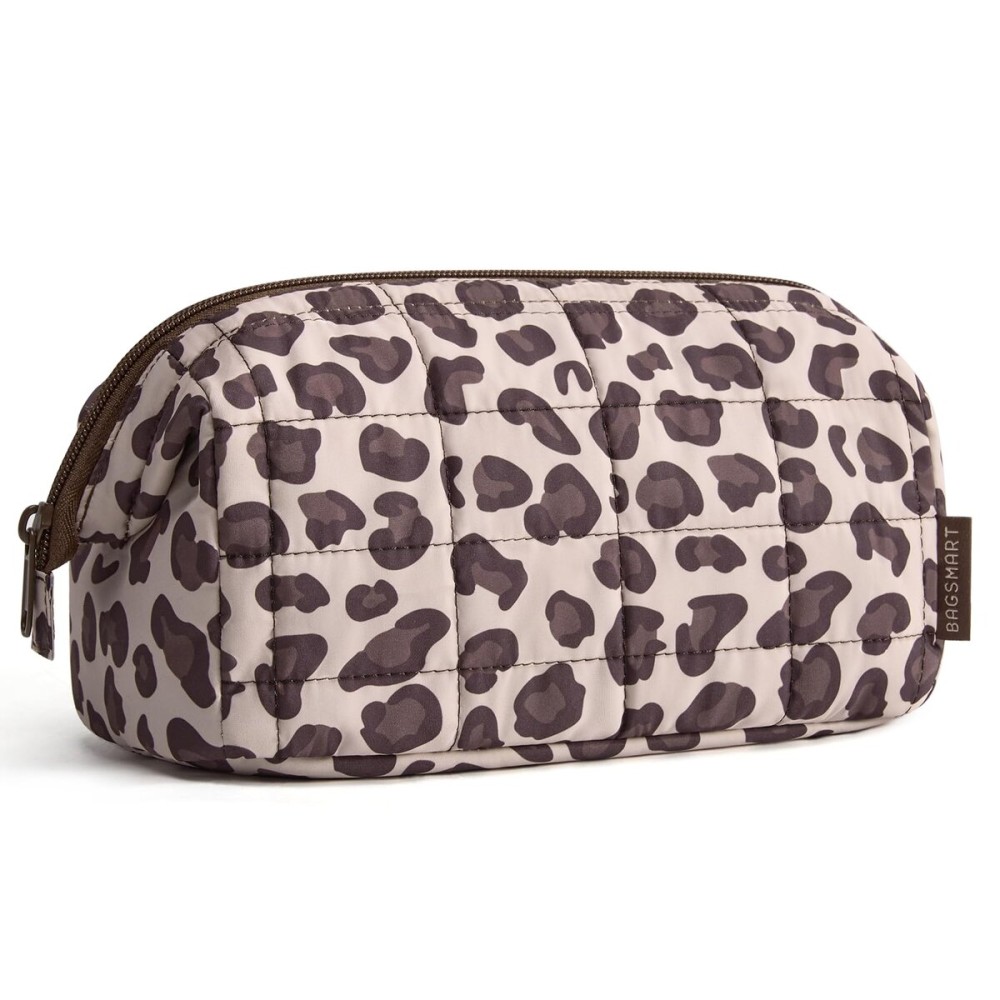 BAGSMART Makeup Bag Travel Toiletry Bag, Puffy Padded Make Up Bags for Women Makeup Organizer Case, Wide-open Pouch Purse Travel Essentials Toiletries Accessories Brushes, Leopard