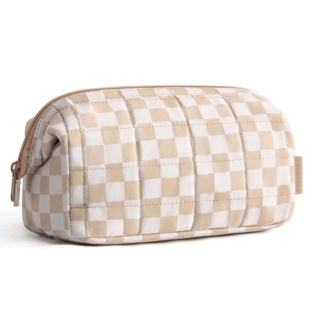 BAGSMART Makeup Bag Travel Toiletry Bag, Puffy Padded Make Up Bags for Women Makeup Organizer Case, Wide-open Pouch Purse Travel Essentials Toiletries Accessories Brushes, Checkered Khaki