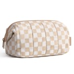 BAGSMART Makeup Bag Travel Toiletry Bag, Puffy Padded Make Up Bags for Women Makeup Organizer Case, Wide-open Pouch Purse Travel Essentials Toiletries Accessories Brushes, Checkered Khaki
