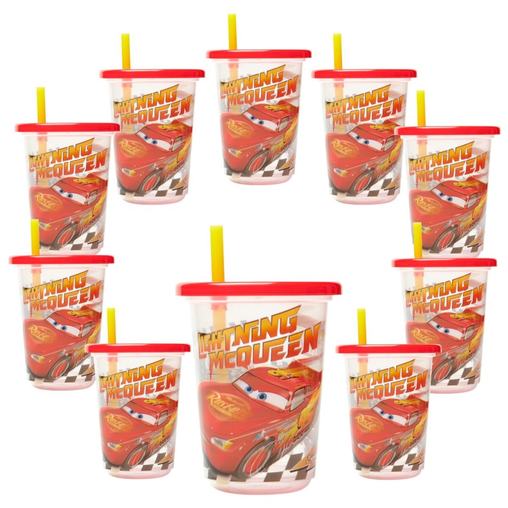 The First Years Cars Take & Toss Toddler Straw Cups Party Pack - Spill Proof Toddler Sippy Cups with Snap-On Lids and Straws - Cars Party Supplies - 10 Oz - 10 Count