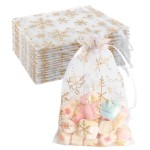 Snowflake Organza Bags, 50 PCS Christmas Sheer Organza Bags with Drawstring 4 x 6 inch, Jewelry Gift Bag, Gold Small Mesh Goodies Xmas Wedding Favor Mini Candy Pouches Bag for Christmas Party Favors