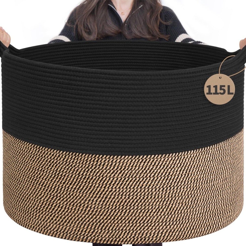 INDRESSME 115L Extra Large Storage Baskets for Organizing, Blanket Basket Living Room Dog Toy Bin, Wicker Storage Woven Laundry Basket for Pillows, Towel Shoes Entryway, Mix Black