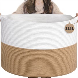INDRESSME 115L Extra Large Jute Rope Basket, Blanket Basket Home Decor Baby Laundry Baskets for Toys Storage Bedroom, Living Room, Nursery, Boho Hamper for Colthes Towel, White & Camel