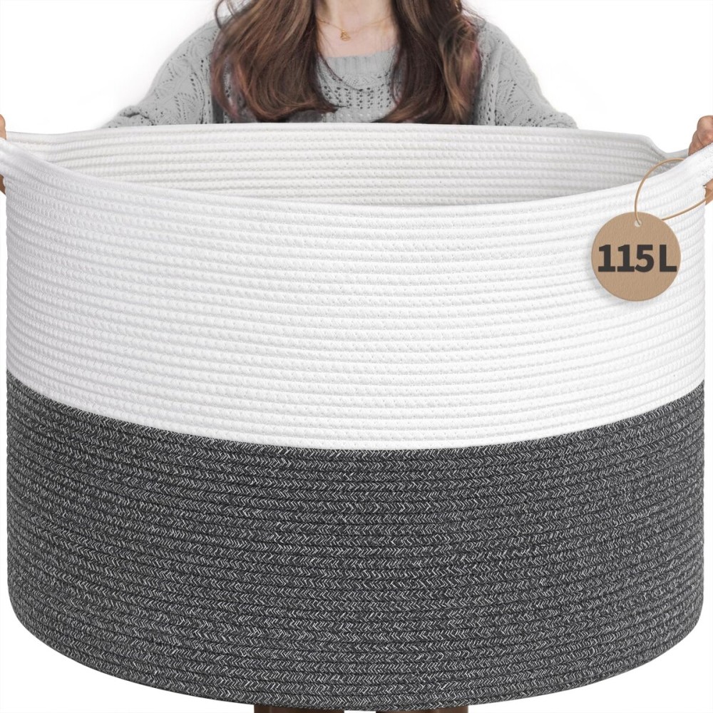 INDRESSME 115L Extra Large Cotton Rope Blanket Basket, Woven Baby Laundry Baskets for Clothes Pillows Towel, Toy Baksets for Kids, White & Gray