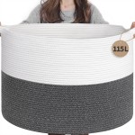 INDRESSME 115L Extra Large Cotton Rope Blanket Basket, Woven Baby Laundry Baskets for Clothes Pillows Towel, Toy Baksets for Kids, White & Gray
