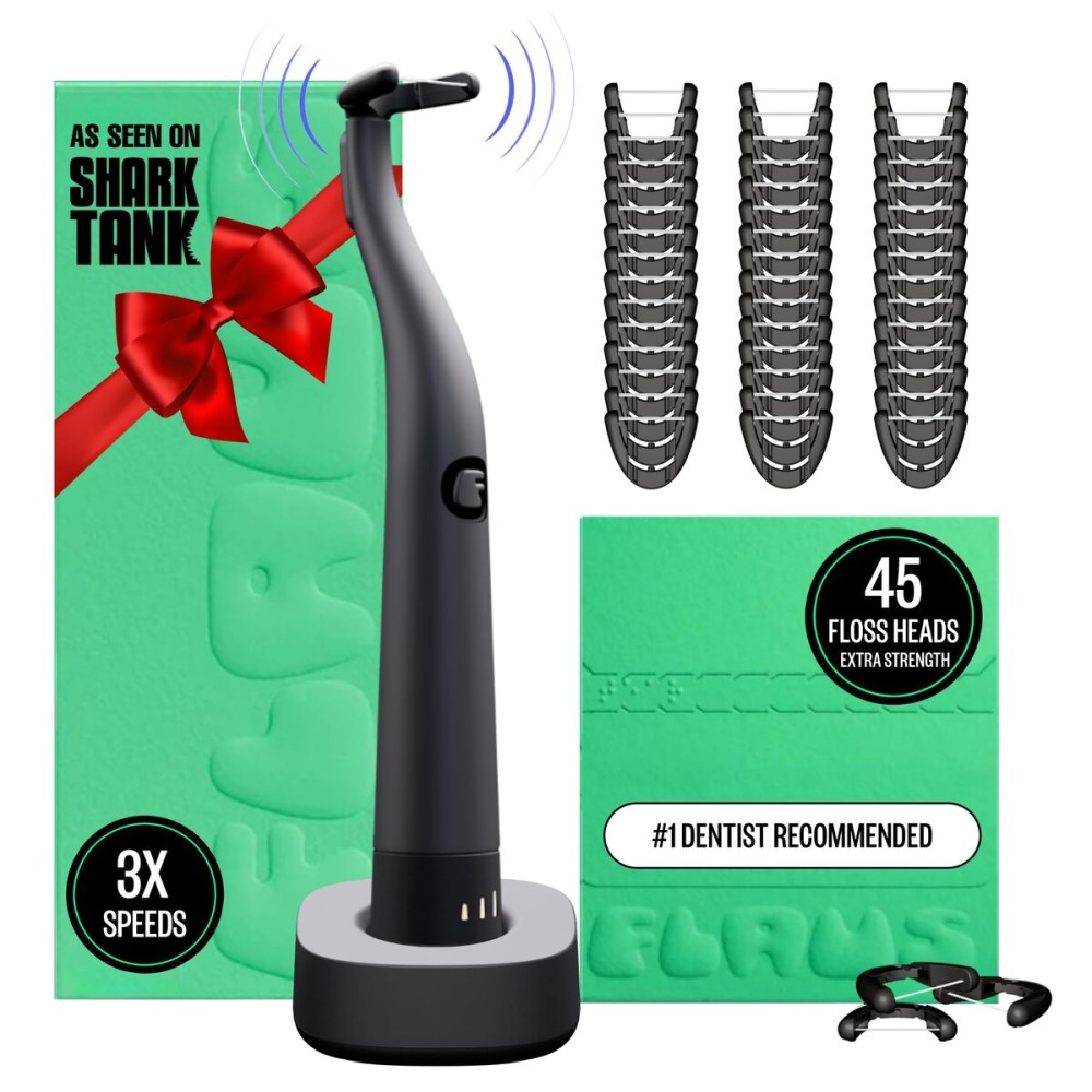 FLAUS Electric Flosser (Oprah\'s List, Shark Tank) 3 Speeds + 45 Refill Heads (Extra Strong Woven Floss for Durability) Water Flosser Alternative, Dentist Recommended Tooth Flossers Dental Floss Picks