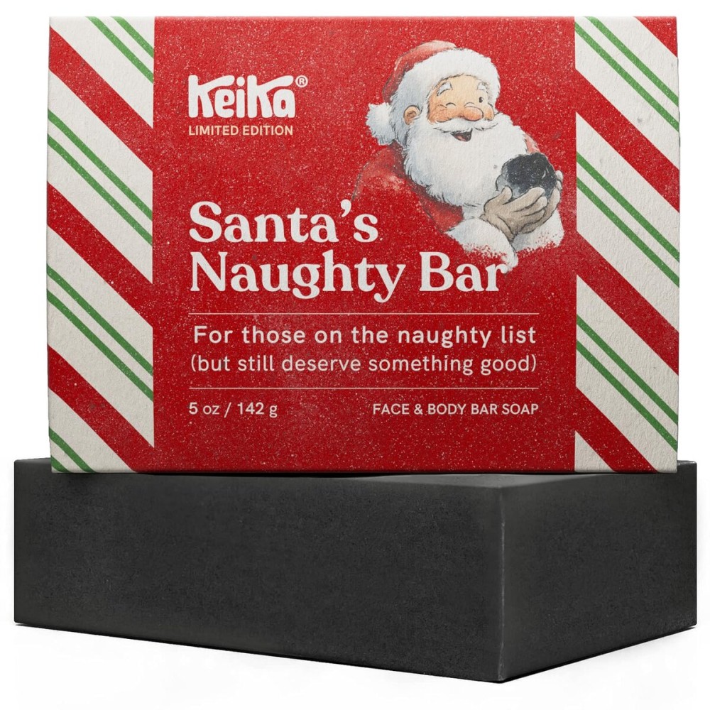 Keika Charcoal Christmas Soap - Santas Naughty Bar, Lump of Coal Holiday Gift Idea Stocking Stuffer for Men Women Teens, Natural Black Soap for Eczema, Psoriasis, Oily Skin, 5 oz.