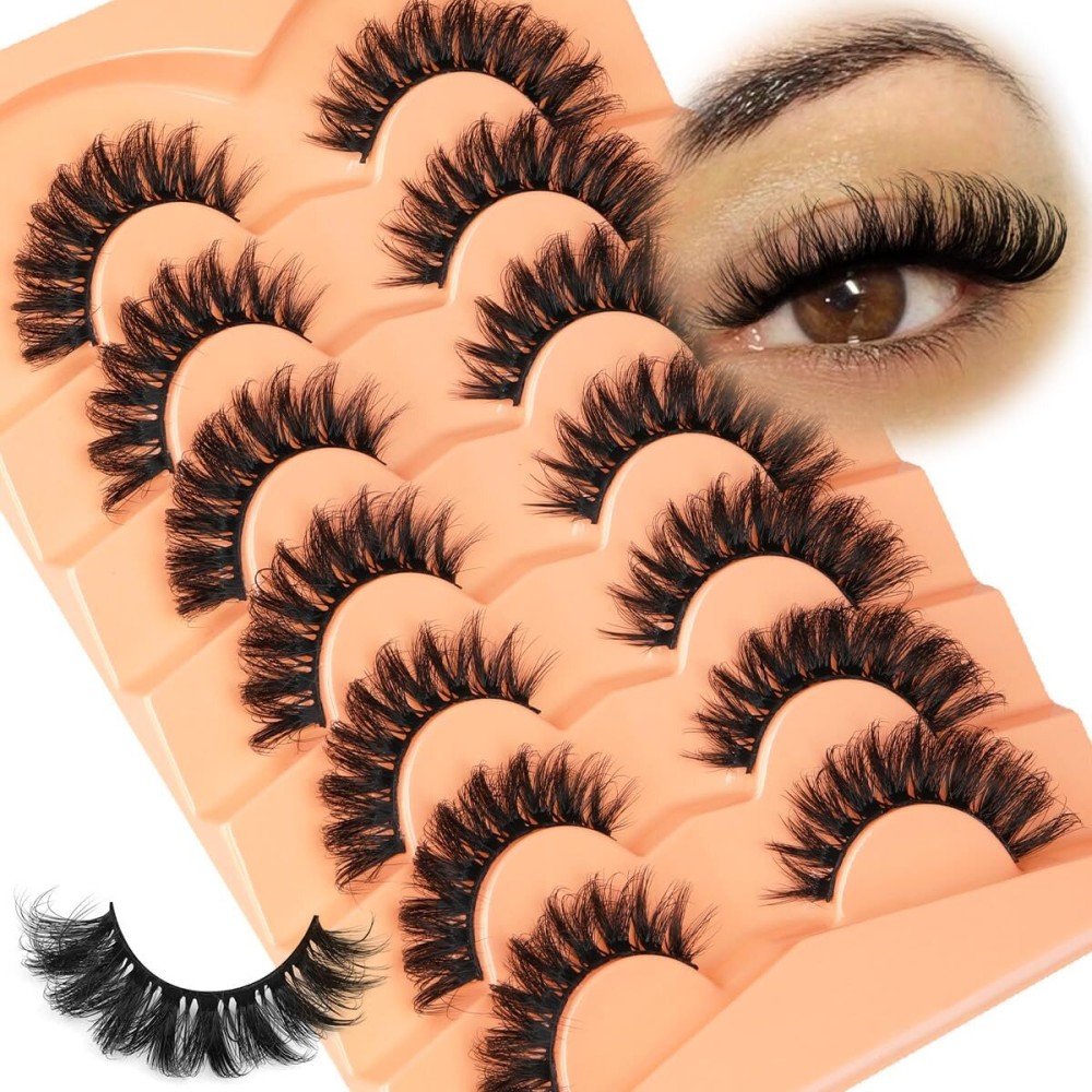 Kiromiro Lashes Mink False Eyelashes D Curl Fake Lashes Volume Cat Eye Lash Fluffy Wispy Lashes 18mm Thick Strip Eyelashes Pack, 7 Pairs