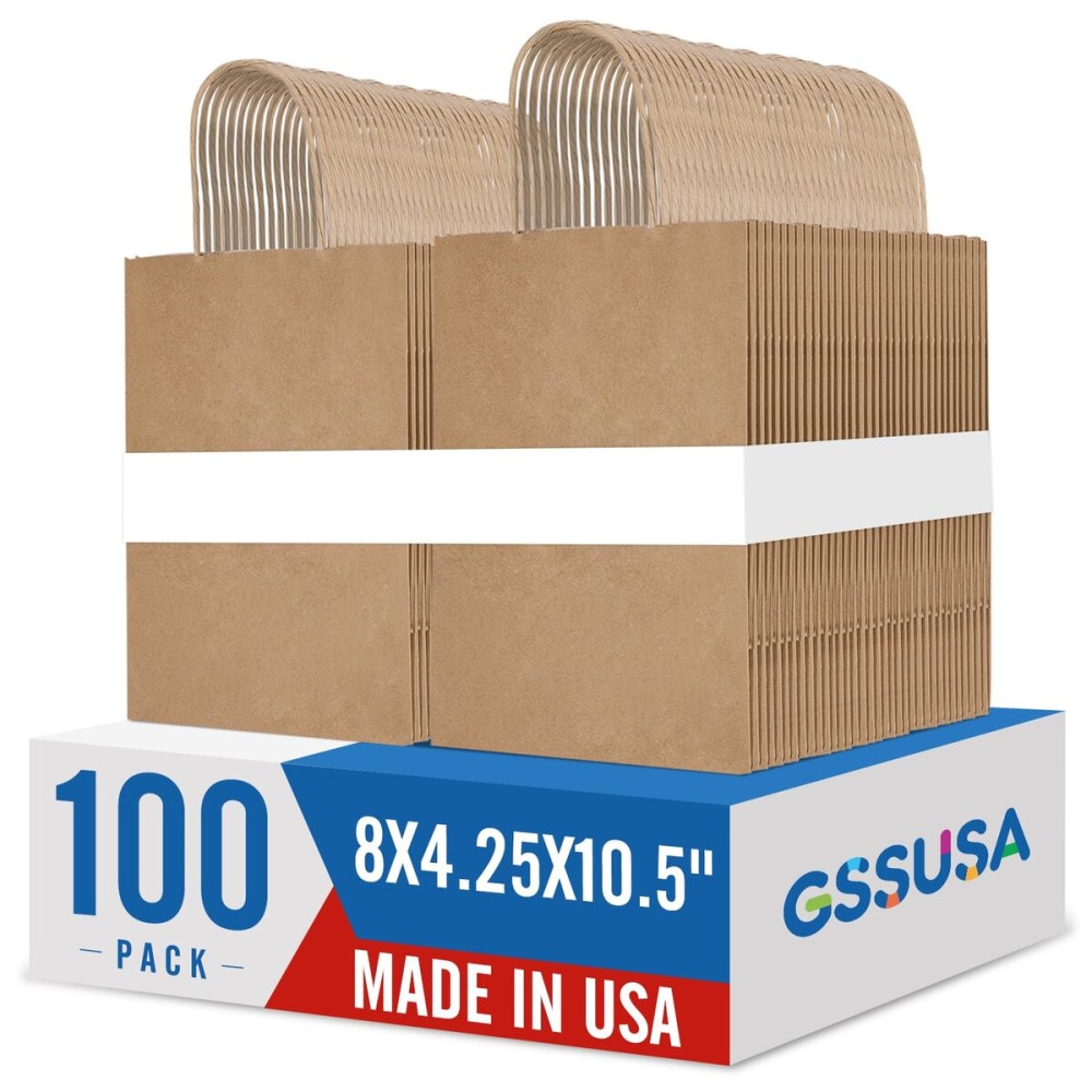 GSSUSA 100 Pack 8x4.25x10\'\' Paper Gift Bags with Handles Bulk, Brown Kraft Bags for Small Business, Sturdy Retail Shopping, Birthday Wedding Party Favor Craft Bag(Made in USA)