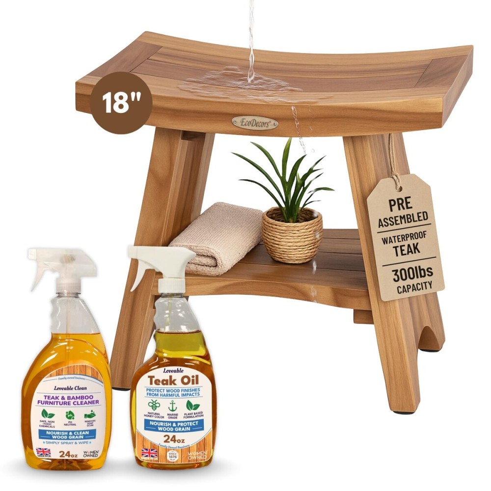 EcoDecors Fully Assembled, Serenity 18 Teak Shower Bench, with Shelf, Wooden Shower Bench, Shower Stool, Plus Teak Care Bundle, Teak Oil Spray, Compact Fit for Small Bathrooms, Sauna Bench