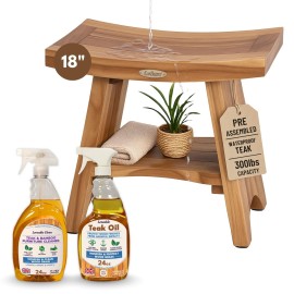 EcoDecors Fully Assembled, Serenity 18 Teak Shower Bench, with Shelf, Wooden Shower Bench, Shower Stool, Plus Teak Care Bundle, Teak Oil Spray, Compact Fit for Small Bathrooms, Sauna Bench
