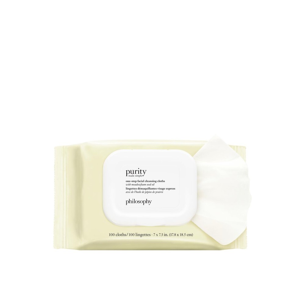 philosophy purity made simple one-step facial cleansing cloths - easily removes makeup, dirt & oil on the go - skin is left clean and comfortable with no rinsing needed - 100 Count