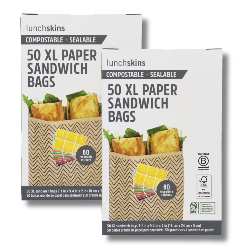 Lunchskins Compostable XL Sandwich Bags - 100 Count | Chevron Design | Eco-Friendly Food Storage Bags Made from Unbleached Kraft Paper with Recyclable Resealable Stickers