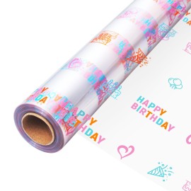 JOYIT Happy Birthday Cellophane Wrap Roll (35\'\' Wide X 100 FT Long) - 3 Mil Thick Clear Cellophane Roll, Birthday Cellophane Bags Large, Wrapping Paper for Flower Gift Baskets Wrap (35 fold into 17.5)
