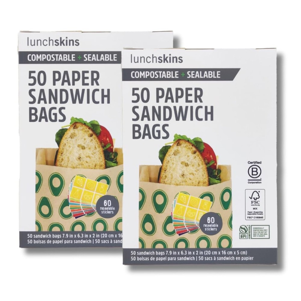 Lunchskins Compostable Sandwich Bags - 100 Count | Avocado Design | Eco-Friendly Food Storage Bags Made from Unbleached Kraft Paper with Recyclable Resealable Stickers
