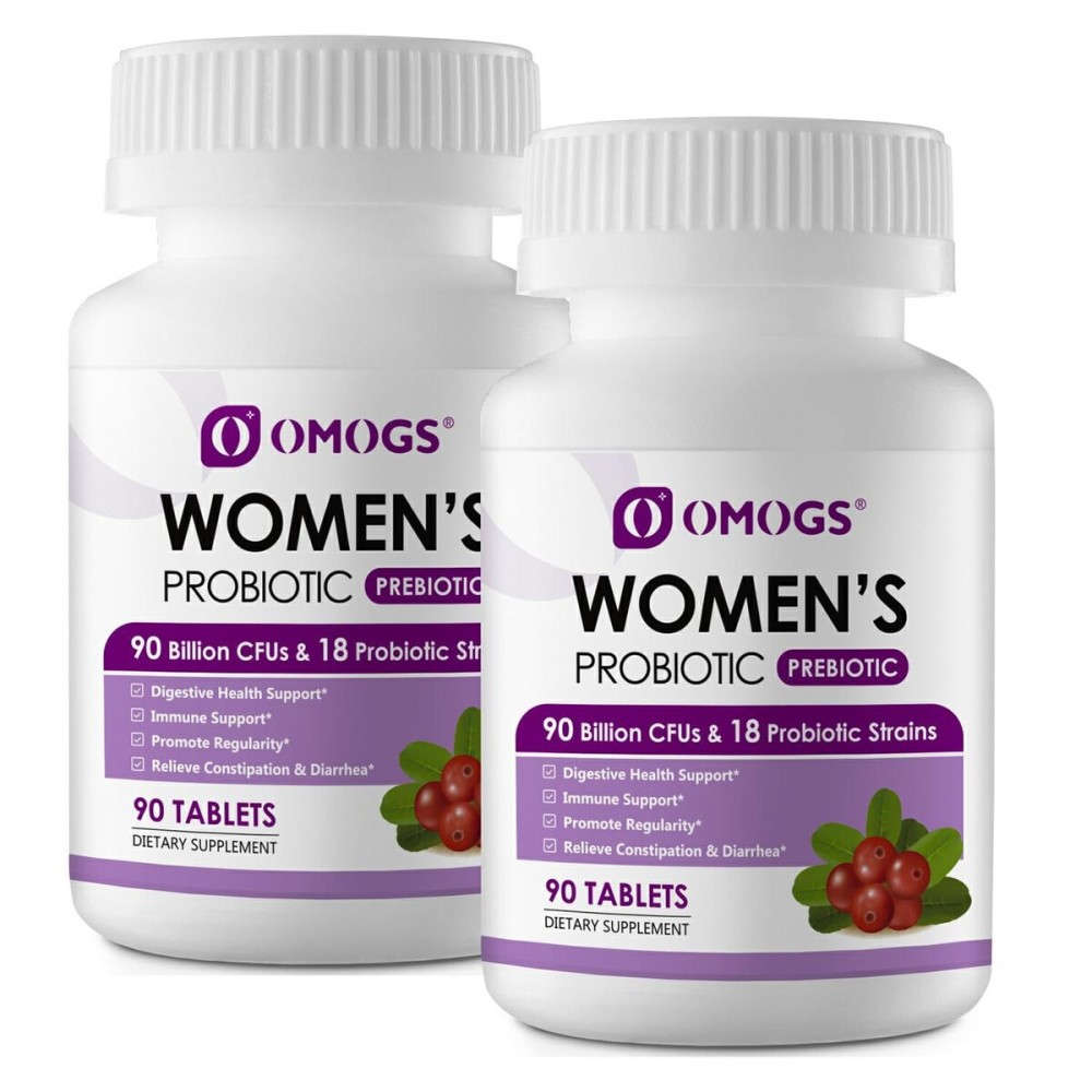 OMOGS 2PCS Women\'s Probiotic, with Cranberry Extract, Organic Prebiotics & Vitamin C, 90 Billion CFUs,18 Strains, Help for Boost Immune, Digestive, Gut Health & Women\'s Health,180 Tablets