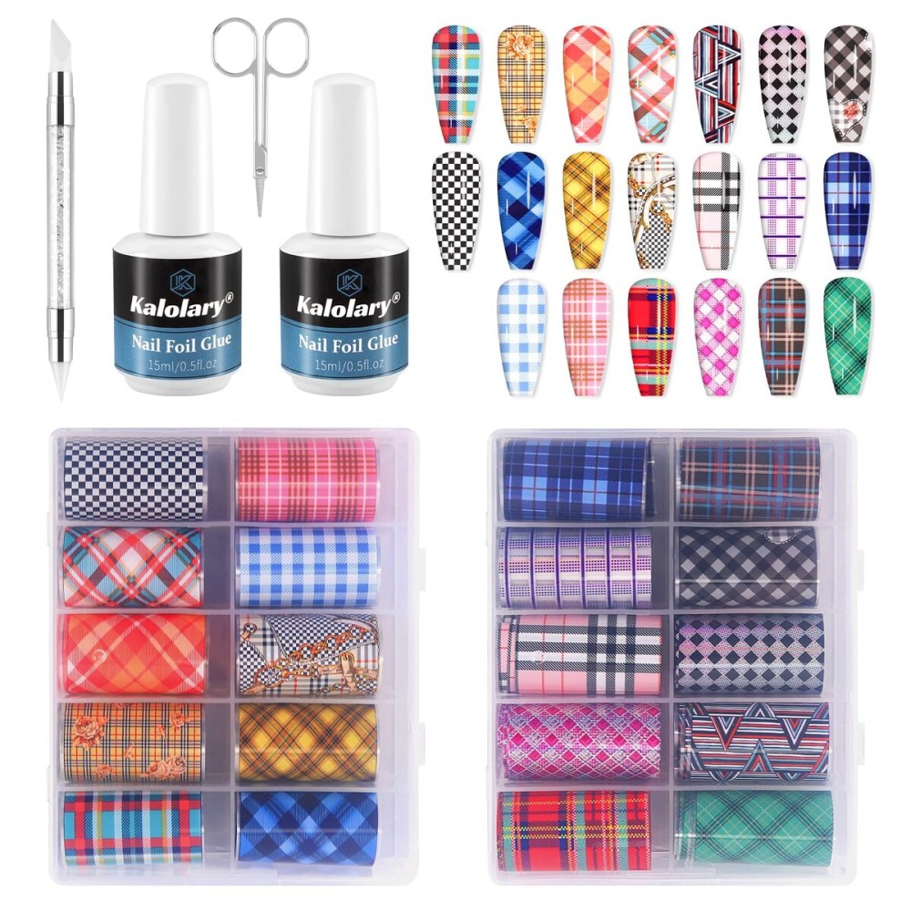 Kalolary 30ML Nail Foil Glue Gel with 20Pcs Buffalo Plaid Foil Transfer Stickers Set, Christmas Transfer Stickers DIY Decoration for Salon or Home Use