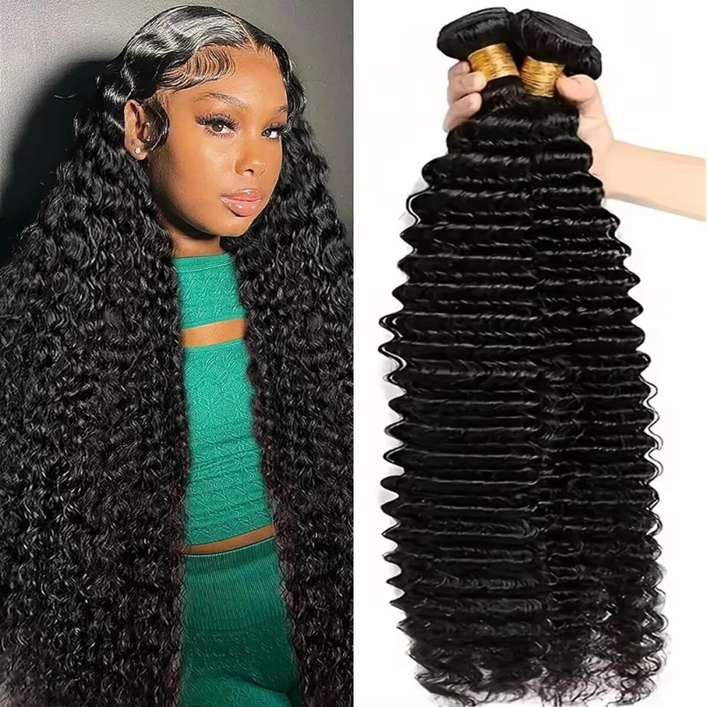 Katspon 12A Human Hair Bundles Deep Wave 100% Unprocessed Brazilian Virgin Hair 4 Bundles Deep Curly Human Hair Extensions Quick Weave Human Hair (4 Bundlles Natural black, 18 20 22 24 Inch)
