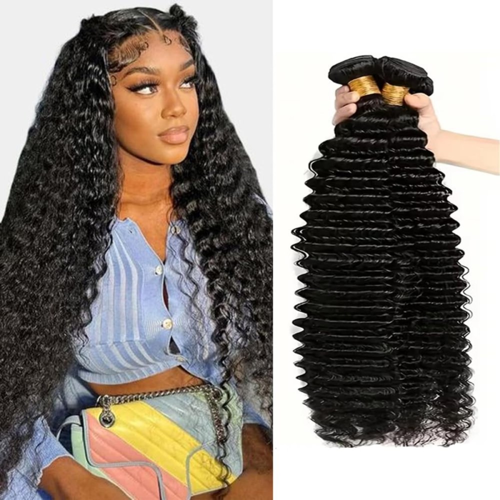 Katspon 12A Human Hair Bundles Deep Wave 100% Unprocessed Brazilian Virgin Hair 4 Bundles Deep Curly Human Hair Extensions Quick Weave Human Hair (4 Bundlles Natural black, 14 16 18 20 Inch)
