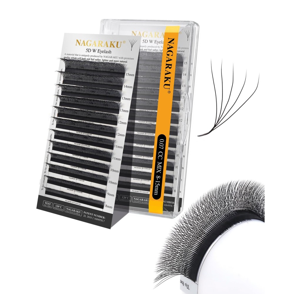 NAGARAKU 5D W Shape Eyelash Extension Supplies Natural Soft Volume 0.07mm CC Curl 8-15mm Mix Premade Fans Faux Mink Matte Black Cluster Easy Fanning False Lashes for Beginners & Professionals Salon