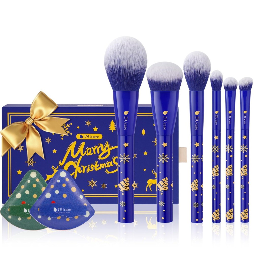 DUcare Christmas Gift Set 8Pcs,With 6pcs Makeup Brush Set 2pcs Makeup Puffs Kabuki Foundation Blending Face Powder Blush Concealers Eye Shadows Brushes