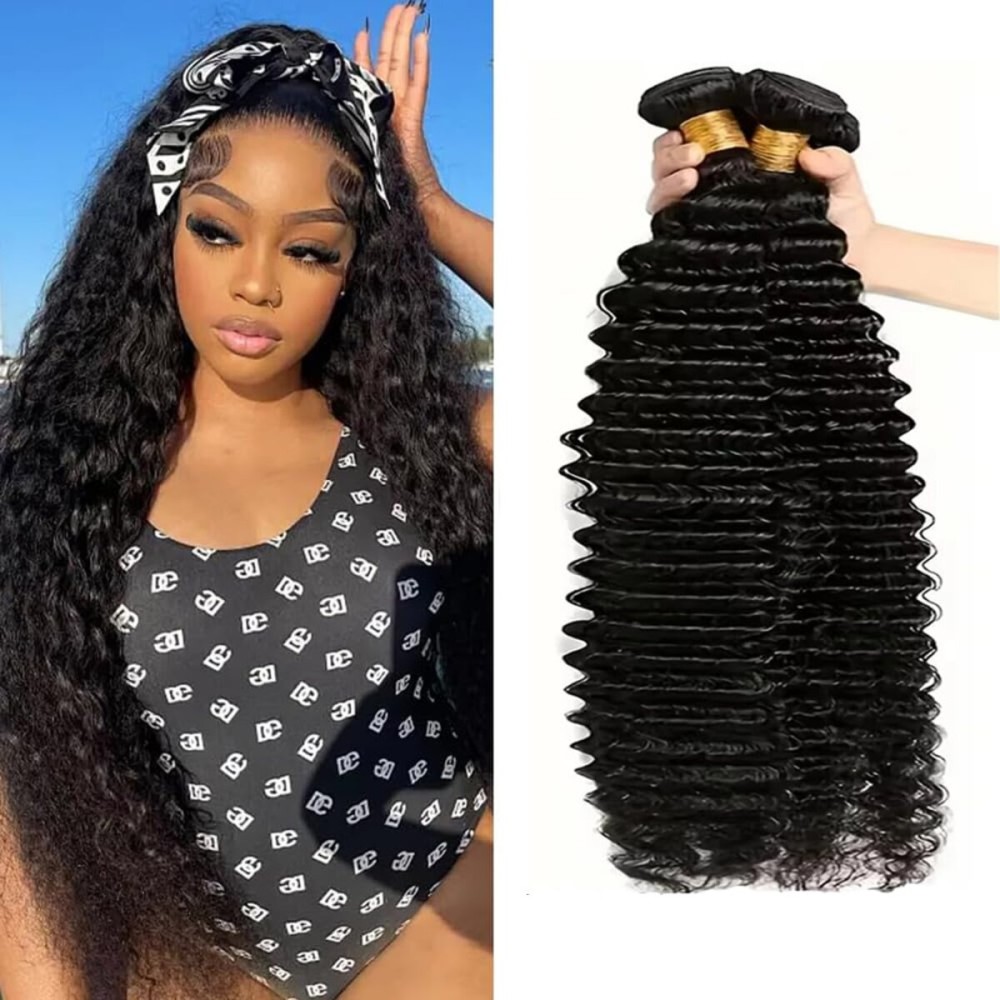 Katspon 12A Human Hair Bundles Deep Wave 100% Unprocessed Brazilian Virgin Hair 4 Bundles Deep Curly Human Hair Extensions Quick Weave Human Hair (4 Bundlles Natural black, 16 18 20 22 Inch)