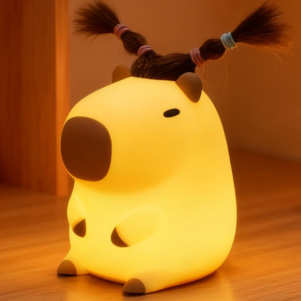 Cute Capybara Night Light with DIY Hairstyle ,Squishy Silicone Lamp, Nursery Nightlight for Kids, Rechargeable Touch Bedside Lamp, Bedroom Decor, Baby Boys Girls,White Elephant Gifts,Funny Xmas Gifts