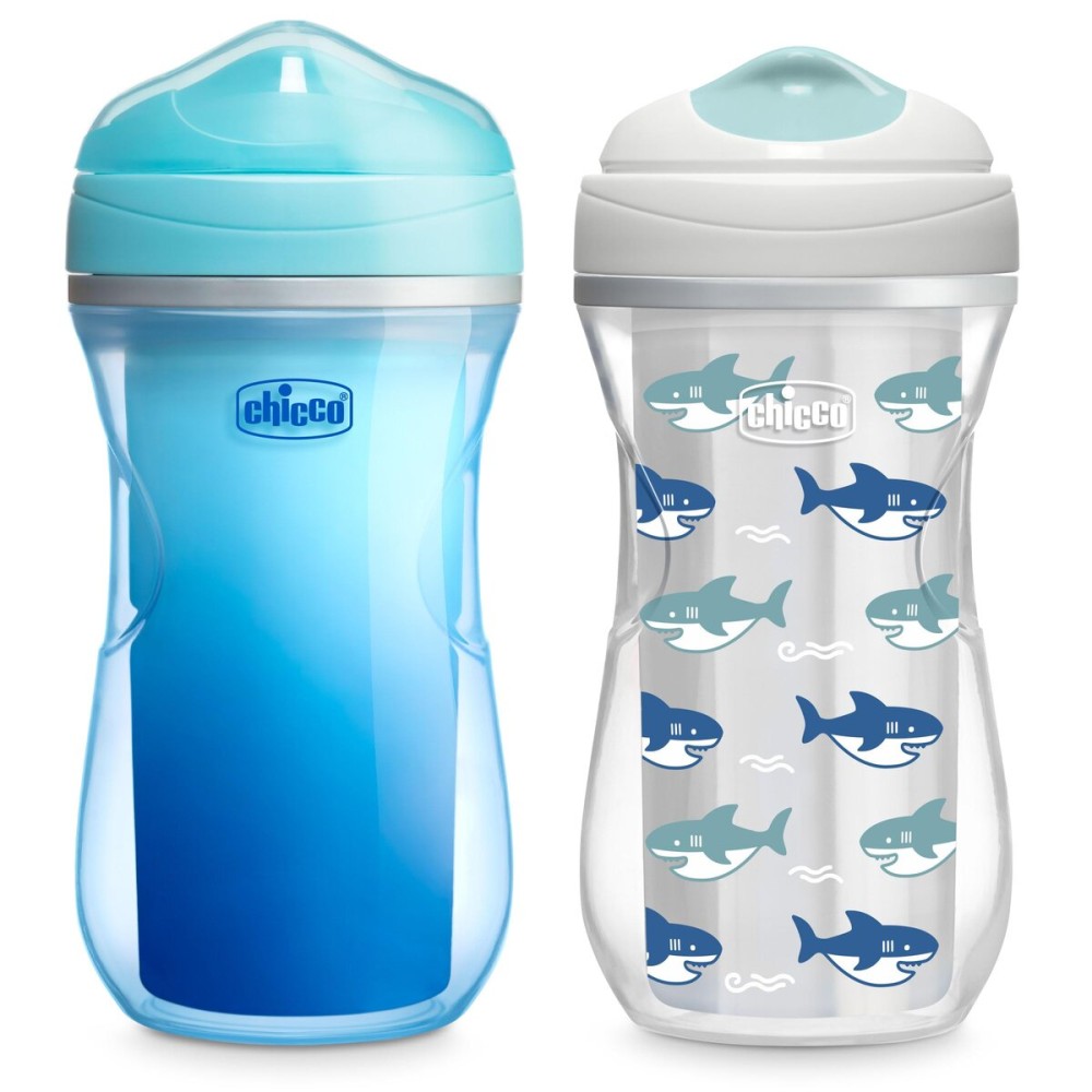 Chicco Double-Wall Insulated Sippy Cup with Bite-Proof Rim Spout and Spill-Free Lid 9oz. | Top-Rack Dishwasher Safe | Easy to Hold Ergonomic Indents | Blue/Sharks, 2pk | 12+ months