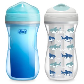 Chicco Double-Wall Insulated Sippy Cup with Bite-Proof Rim Spout and Spill-Free Lid 9oz. | Top-Rack Dishwasher Safe | Easy to Hold Ergonomic Indents | Blue/Sharks, 2pk | 12+ months