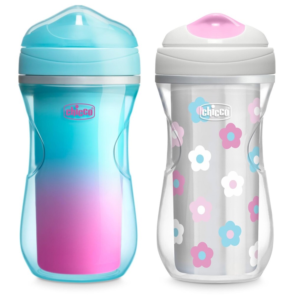 Chicco Double-Wall Insulated Sippy Cup with Bite-Proof Rim Spout and Spill-Free Lid 9oz. | Top-Rack Dishwasher Safe | Easy to Hold Ergonomic Indents | Teal/Pink/Floral, 2pk | 12+ months