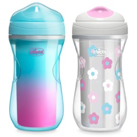 Chicco Double-Wall Insulated Sippy Cup with Bite-Proof Rim Spout and Spill-Free Lid 9oz. | Top-Rack Dishwasher Safe | Easy to Hold Ergonomic Indents | Teal/Pink/Floral, 2pk | 12+ months