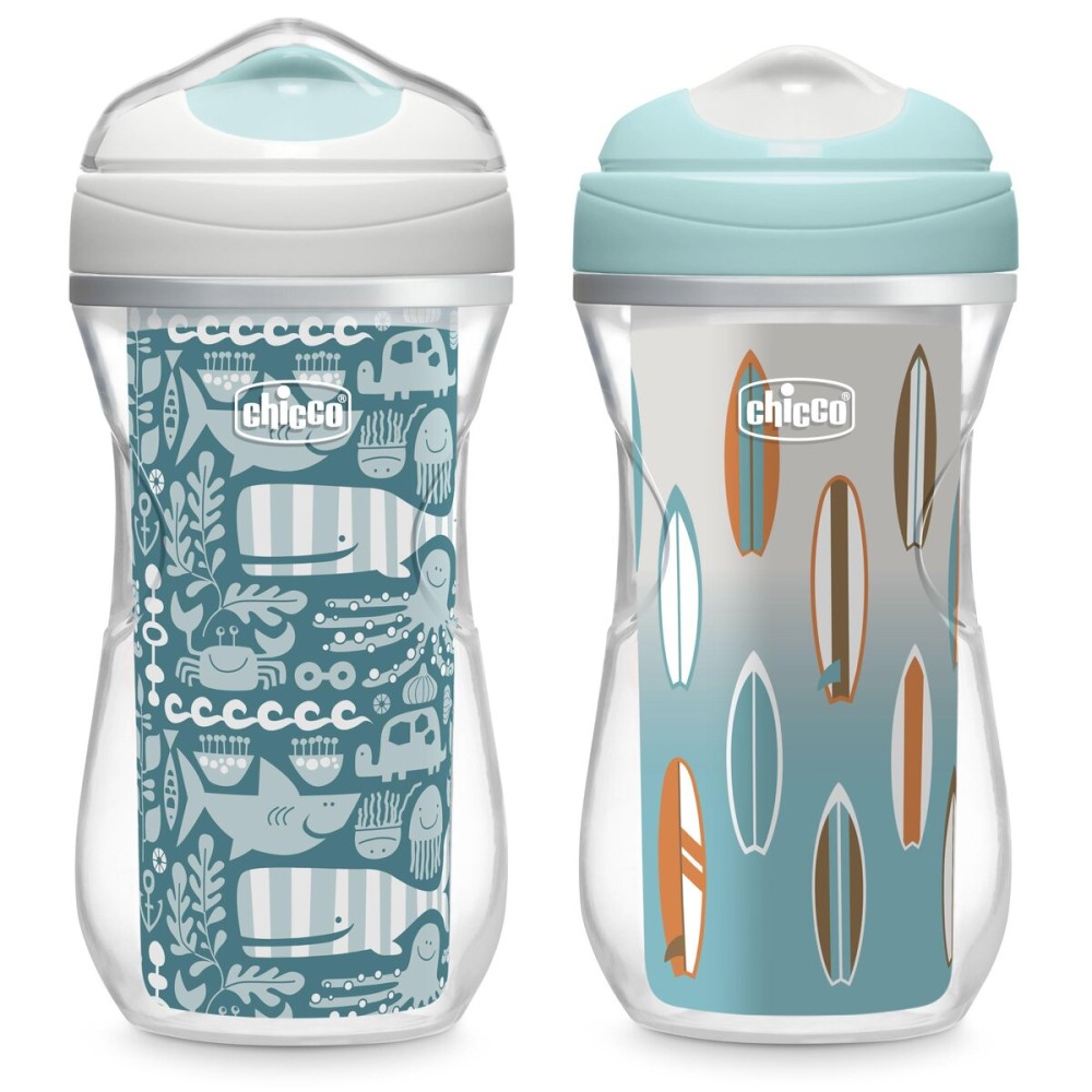 Chicco Double-Wall Insulated Sippy Cup with Bite-Proof Rim Spout and Spill-Free Lid 9oz. | Top-Rack Dishwasher Safe | Easy to Hold Ergonomic Indents | Ocean Print/Surf, 2pk | 12+ months