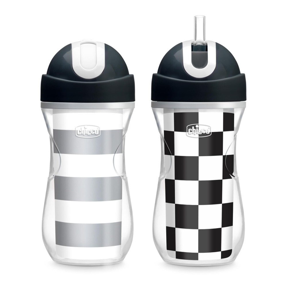 Chicco Flip-Top Straw Cup 9oz | Insulated Toddler Sippy Cup with Soft Silicone Straw | No-Spill | Easy-Clean | BPA-Free | 2pk | For Ages 12+ Months | Black/White/Silver