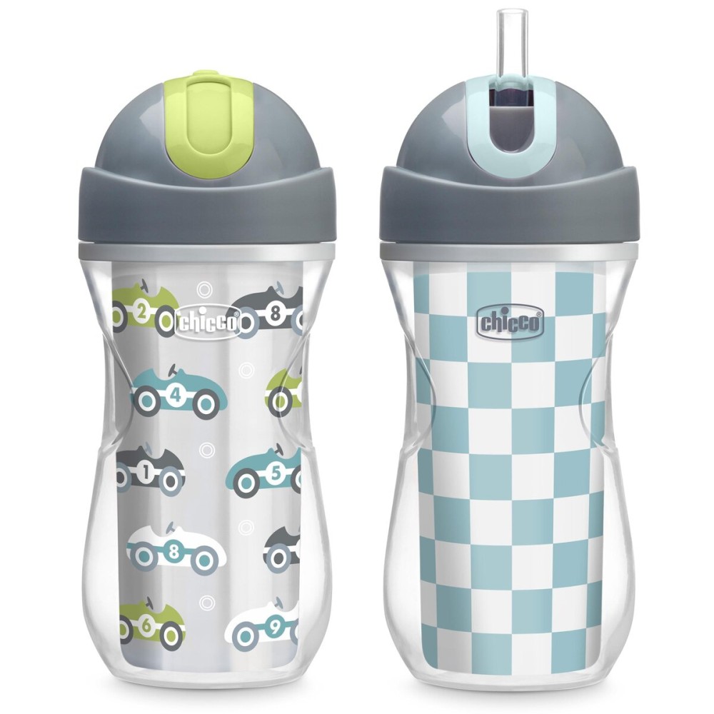 Chicco Flip-Top Straw Cup 9oz | Insulated Toddler Sippy Cup with Soft Silicone Straw | No-Spill | Easy-Clean | BPA-Free | 2pk | For Ages 12+ Months | Cars/Checker