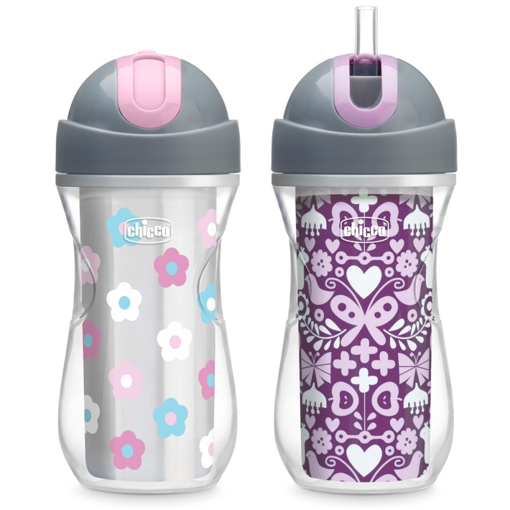 Chicco Flip-Top Straw Cup 9oz | Insulated Toddler Sippy Cup with Soft Silicone Straw | No-Spill | Easy-Clean | BPA-Free | 2pk | For Ages 12+ Months | Floral/Purple Print