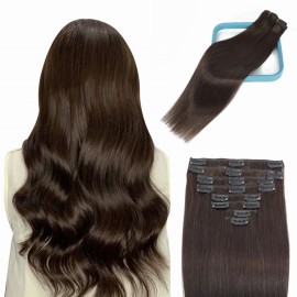 LORIEN Clip in Hair Extensions Real Human Hair, 14 Inch 80g, 2 Darkest Brown, Clip in 100% Brazilian Remy Human Hair Extensions 8pcs Per Set with 18 Clips Double Weft