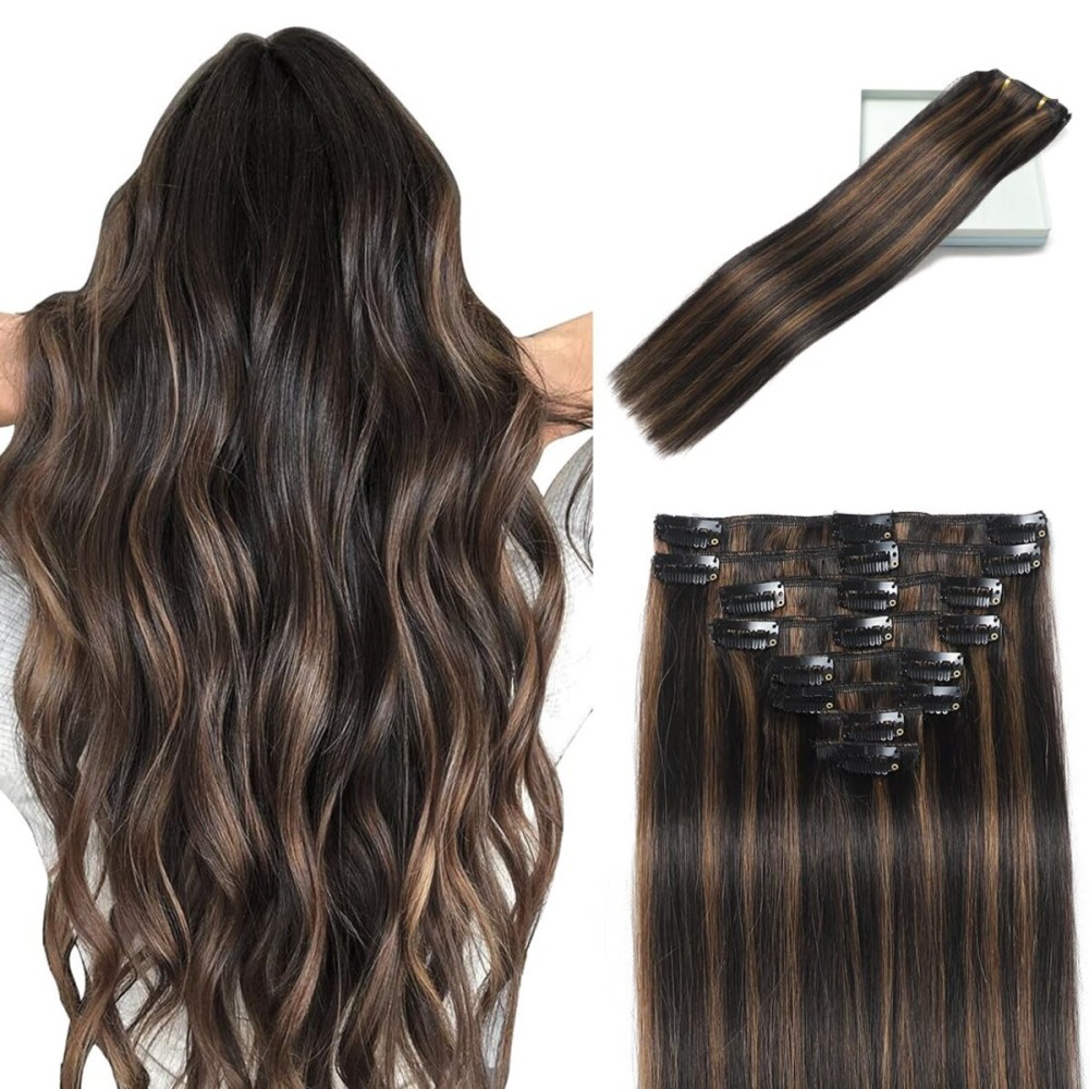 LORIEN Clip in Hair Extensions Real Human Hair, 14 Inch 80g, 1B/6 Natural Black to Chestnut Brown, Clip in 100% Brazilian Remy Human Hair Extensions 8pcs Per Set with 18 Clips Double Weft