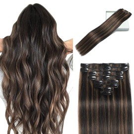LORIEN Clip in Hair Extensions Real Human Hair, 14 Inch 80g, 1B/6 Natural Black to Chestnut Brown, Clip in 100% Brazilian Remy Human Hair Extensions 8pcs Per Set with 18 Clips Double Weft