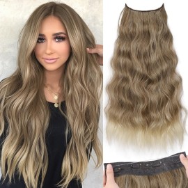 KooKaStyle Invisible Wire Hair Extensions with Transparent Wire Adjustable Size 4 Secure Clips Long Wavy Secret Synthetic Hairpiece for Women(24 Inch 10T613Ash Brown mix Bleach Blonde)