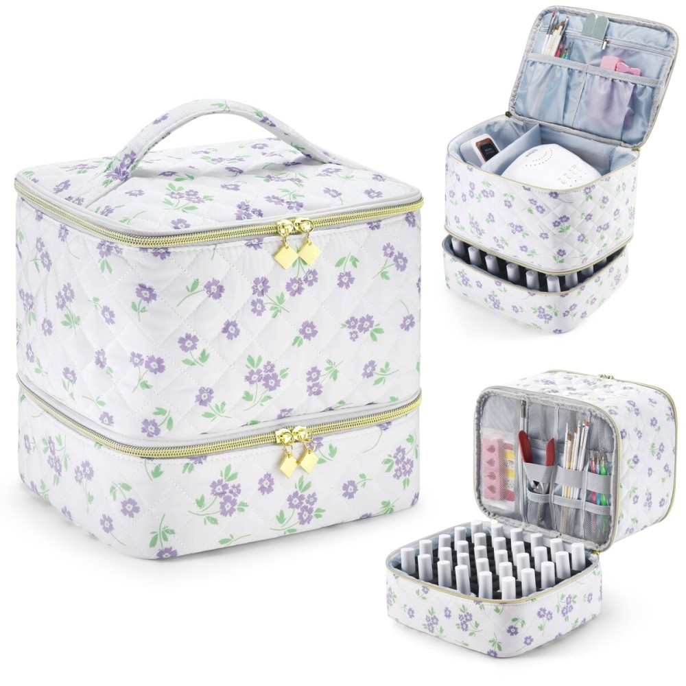 CTWWFS Nail Polish Organizer and Nail Lamp Case, Nail Kit Organizer Holds 30 Bottles (15ml - 0.5 fl.oz) and a Nail Lamp, Nail Polish Carrying Case with Manicure Tools Storage Sections (Purple Flower)