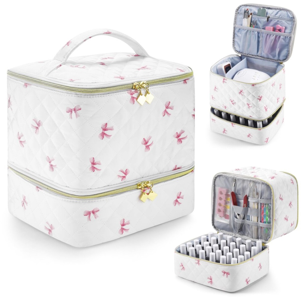 PU Leather Nail Polish Organizer and Nail Lamp Case, Nail Kit Organizer Holds 30+ Bottles (15ml - 0.5 fl.oz) and a Nail Lamp, Nail Polish Carrying Case with Manicure Tools Storage Sections (Pink Bow)