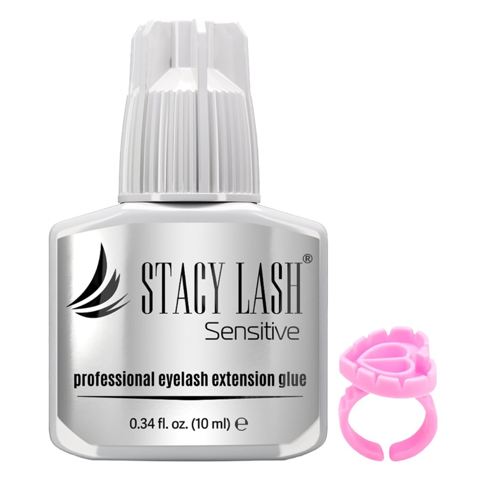 STACY LASH Sensitive Eyelash Extension Glue 0.34fl.oz/10ml / 5-6 Sec Drying time/Retention - 4-5 Weeks/Professional Black Adhesive/Lash Tech Supplies Includes Glue Ring