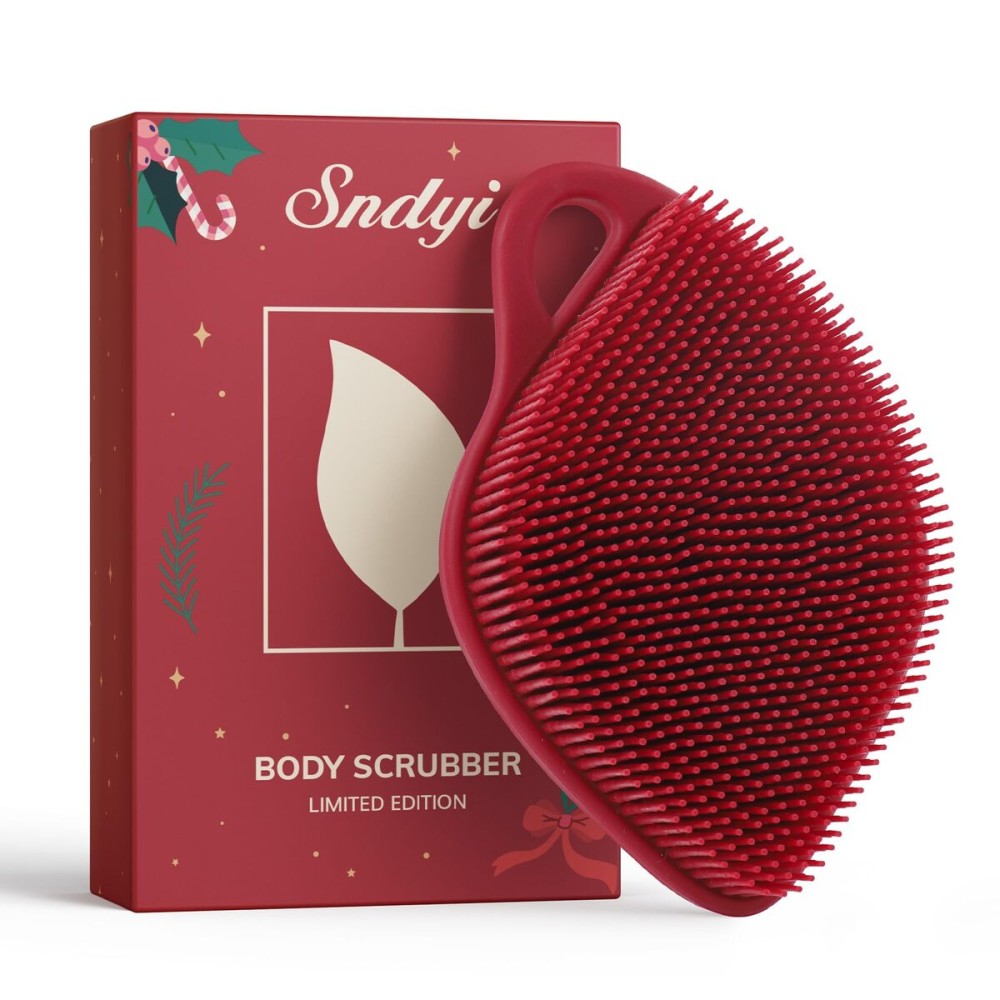 Sndyi Christmas Silicone Body Scrubber, Limited Edition Leaf-Shaped Shower Brush for Gentle Cleanse & Exfoliation, Soft Silicone Loofah Body Brush for Sensitive Skin, Perfect Holiday Gift, Festive Red