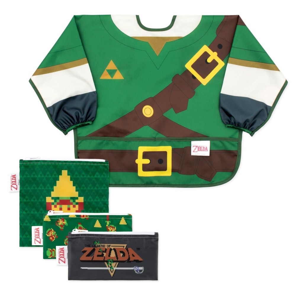 Bumkins Nintendo The Legend of Zelda Sleeved Bib and Snack Bag Set - Waterproof Feeding Bib for Ages 6-24 Months and Reusable Sandwich and Snack Bags for Kids 3+