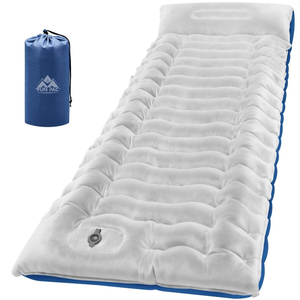 FUN PAC Camping Sleeping Pad, Ultralight Camping Mat with Pillow, Built-in Foot Pump Inflatable Sleeping Pads Compact for Camping Backpacking Hiking Traveling Tent,Single,Light Gray.