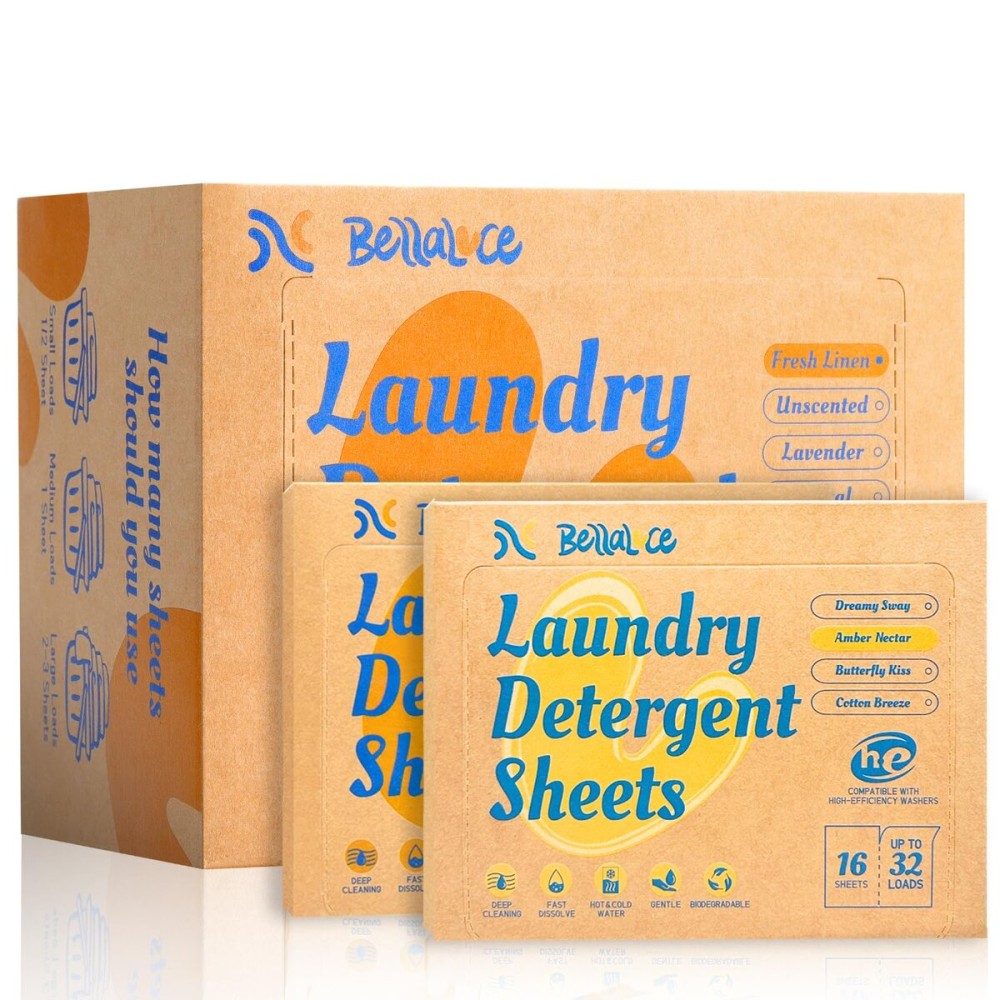 BellaLuce Laundry Detergent Sheets: 1 Home Size (240 Loads, Fresh Linen) & 2 Travel Size (32 Loads, Fresh Linen & Amber Nectar) | Portable for College, Dorm, Hotel, Family
