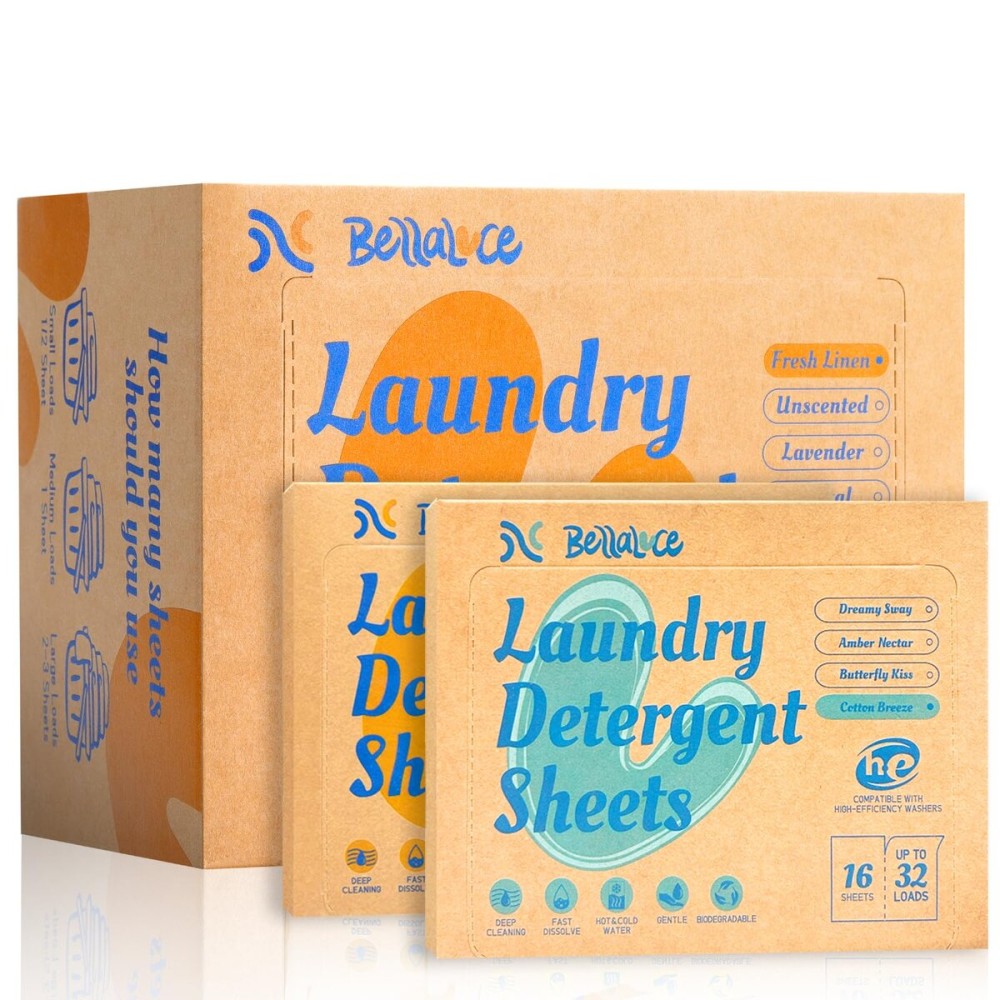 BellaLuce Laundry Detergent Sheets: 1 Home Size (240 Loads, Fresh Linen) & 2 Travel Size (32 Loads, Fresh Linen & Cotton Breeze) | Portable for College, Dorm, Hotel, Family