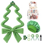 Gwabee 10 PCS Christmas Heatless Curls Overnight Hair Curler, 70 Overnight Curls Hair Curlers to Sleep In with Bonnet for Women Long Hair Volume, Heatless Curling DIY Set - Green