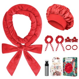 Gwabee 10 PCS Christmas Heatless Curls Overnight Hair Curler, 70 Overnight Curls Hair Curlers to Sleep In with Bonnet for Women Long Hair Volume, Heatless Curling DIY Set - Red
