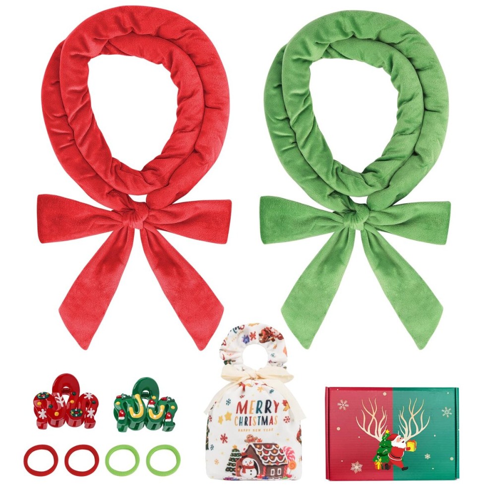 Gwabee 9 PCS Christmas Heatless Curls Overnight Hair Curler, 70 Overnight Curls Hair Curlers to Sleep In for Women Long Hair Volume, Shareable Heatless Curling DIY Set - Red & Green